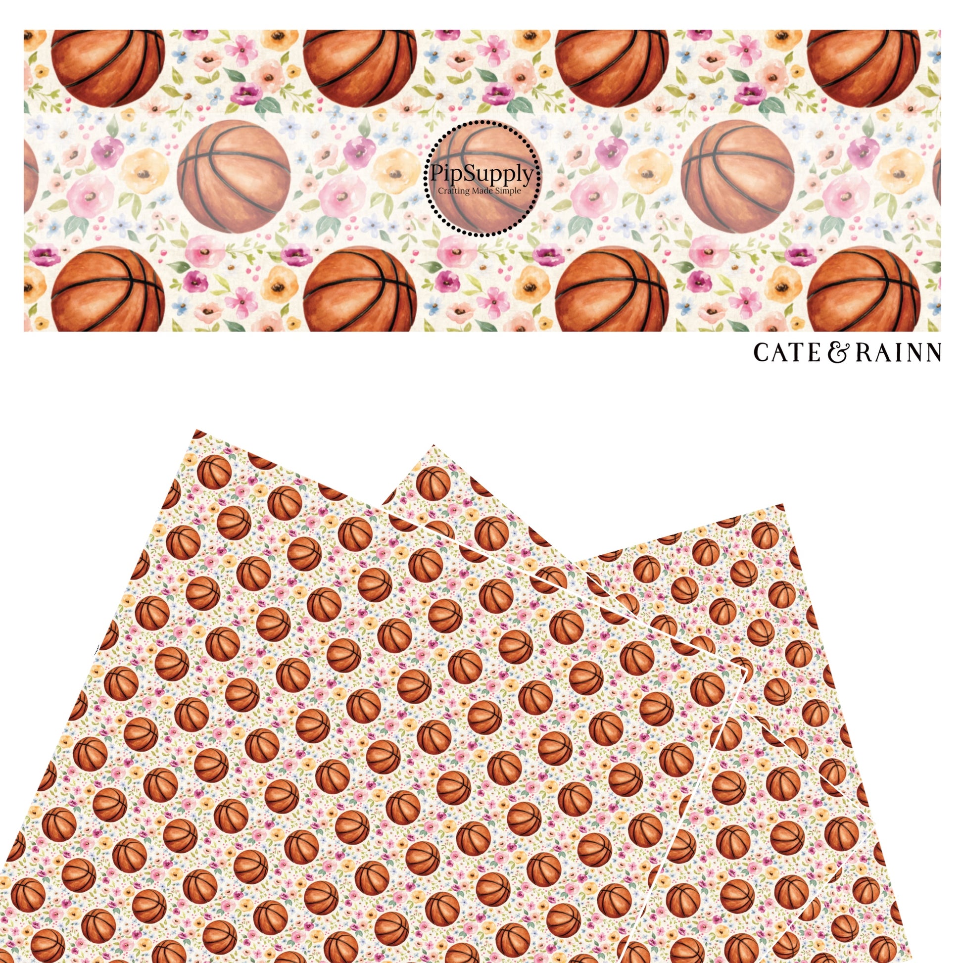 These spring floral sport pattern themed faux leather sheets contain the following design elements: basketballs surrounded by flowers on cream. Our CPSIA compliant faux leather sheets or rolls can be used for all types of crafting projects.