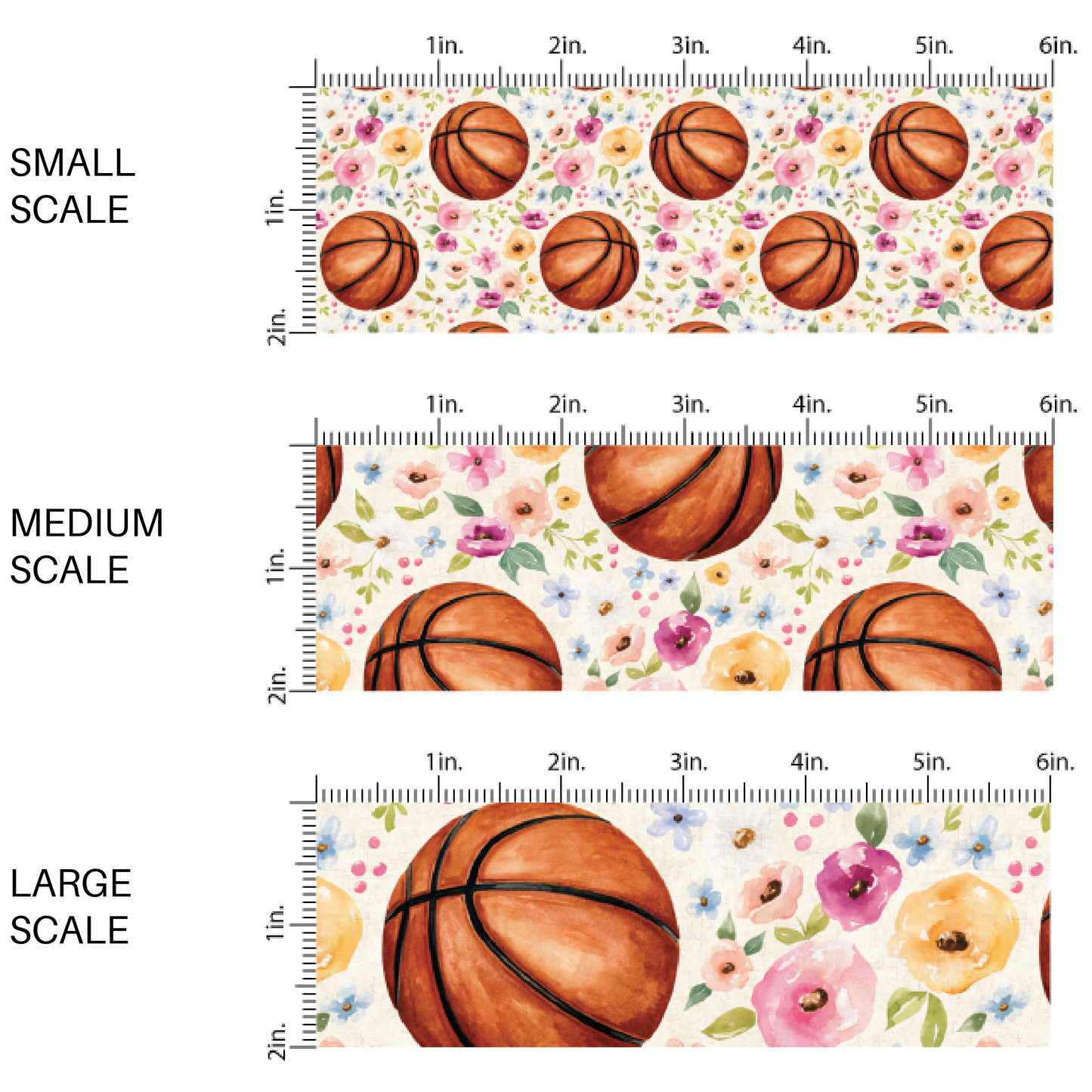 Pastel Florals and Basketballs on Cream Fabric by the Yard scaled image guide.