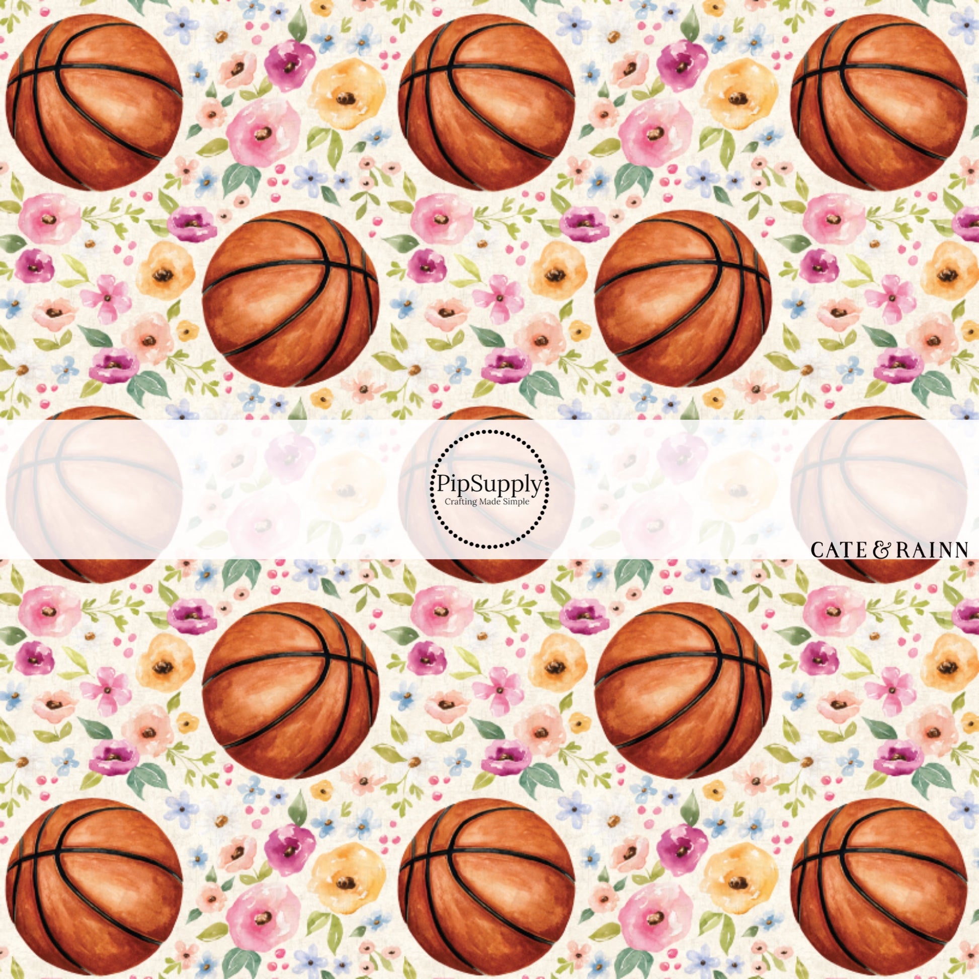Pastel Florals and Basketballs on Cream Fabric by the Yard.