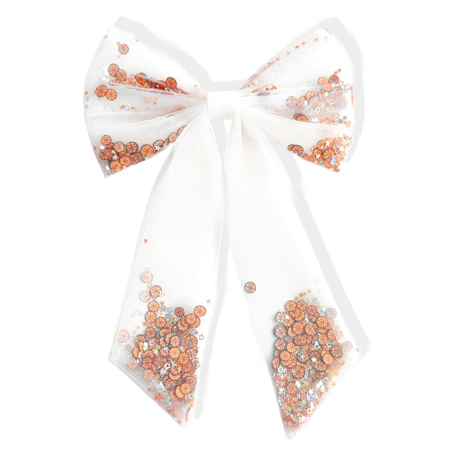 These sports tulle long tail shaker tied bows are ready to package and resell to your customers no sewing or measuring necessary! These hair bows come with a clip already attached. The tulle shaker bow comes pre-filled with basketball pattern clay mix.