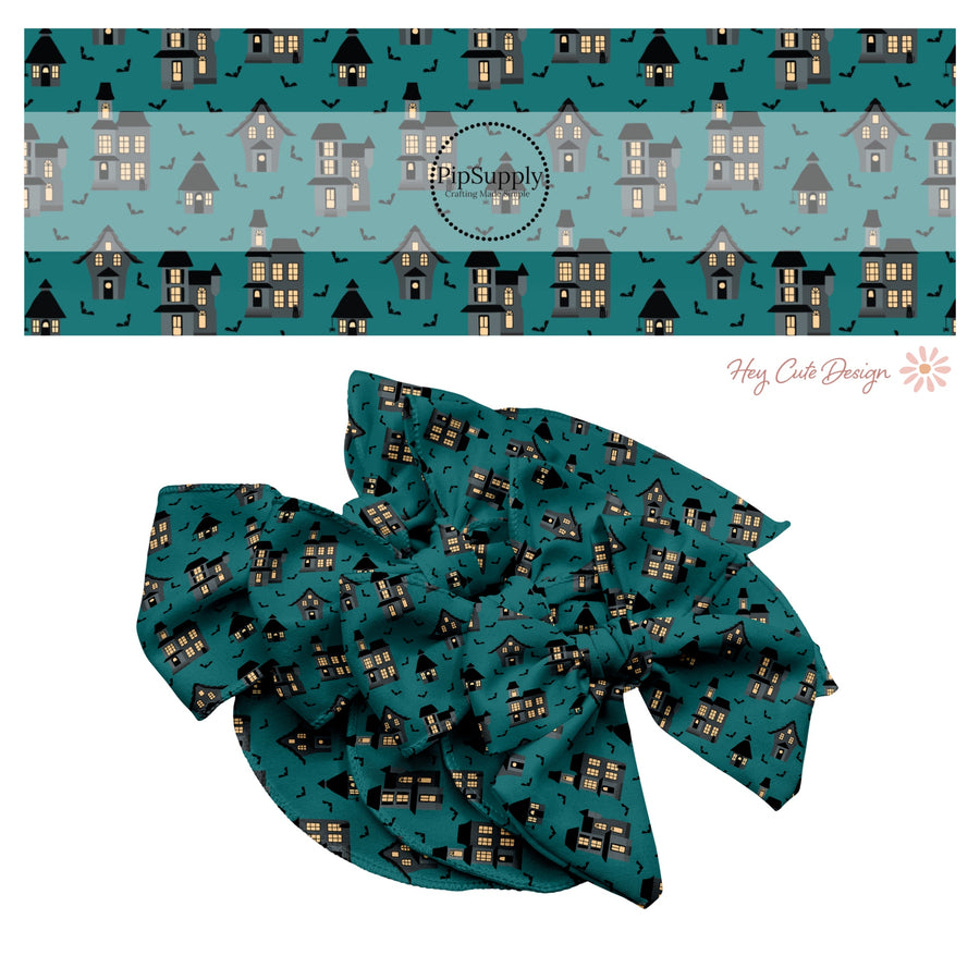 Haunted houses with bats on teal hair bow strips