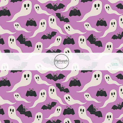 Halloween cream ghosts and black bats on purple hair bow strips