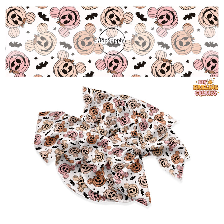 Multi pumpkins with mouse ears and black mouse bats on white hair bow strips
