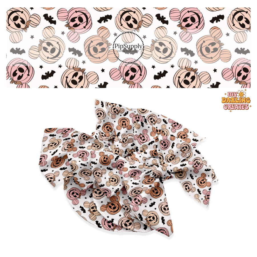 Multi pumpkins with mouse ears and black mouse bats on white hair bow strips