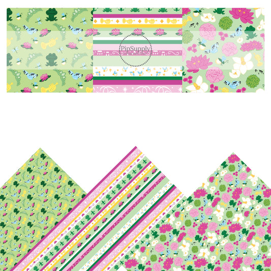 Pink and green floral with frogs and lily pads on green faux leather sheets princess pack
