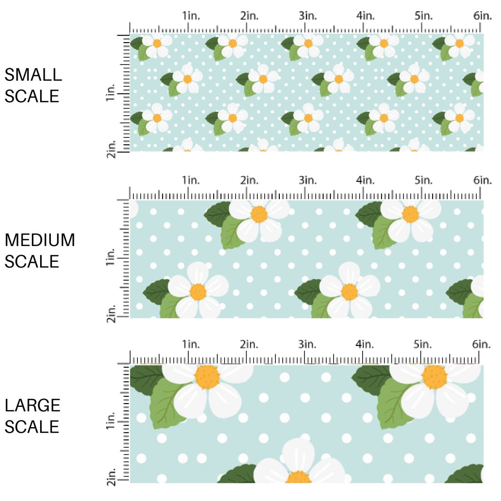 This scale chart of small scale, medium scale, and large scale of this summer fabric by the yard features white flowers on light blue. This fun themed fabric can be used for all your sewing and crafting needs!