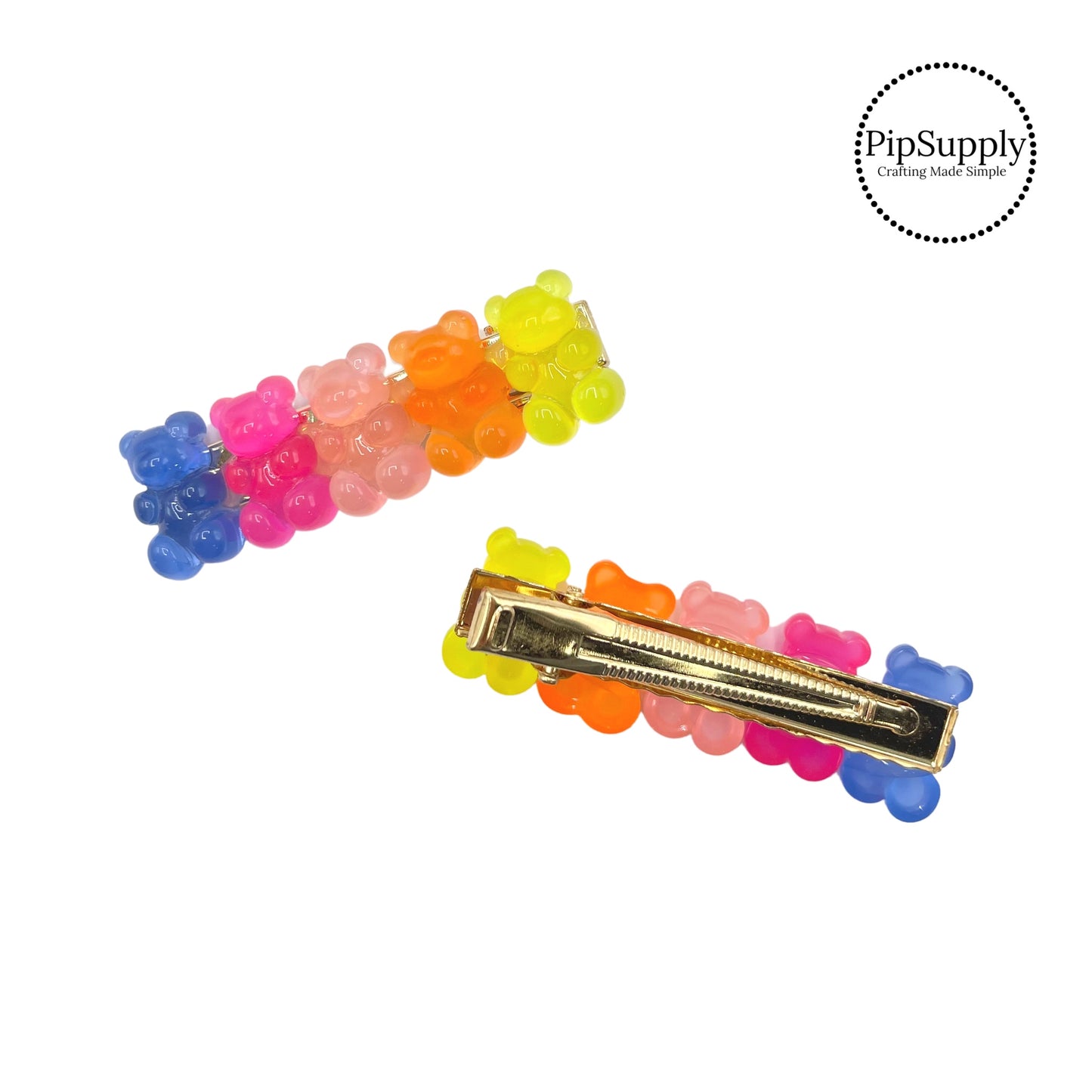 Blue, pink multi, orange, and yellow glossy gummy bear hair clip