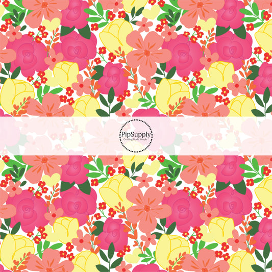 Pink and Yellow Spring Floral Fabric by the Yard.