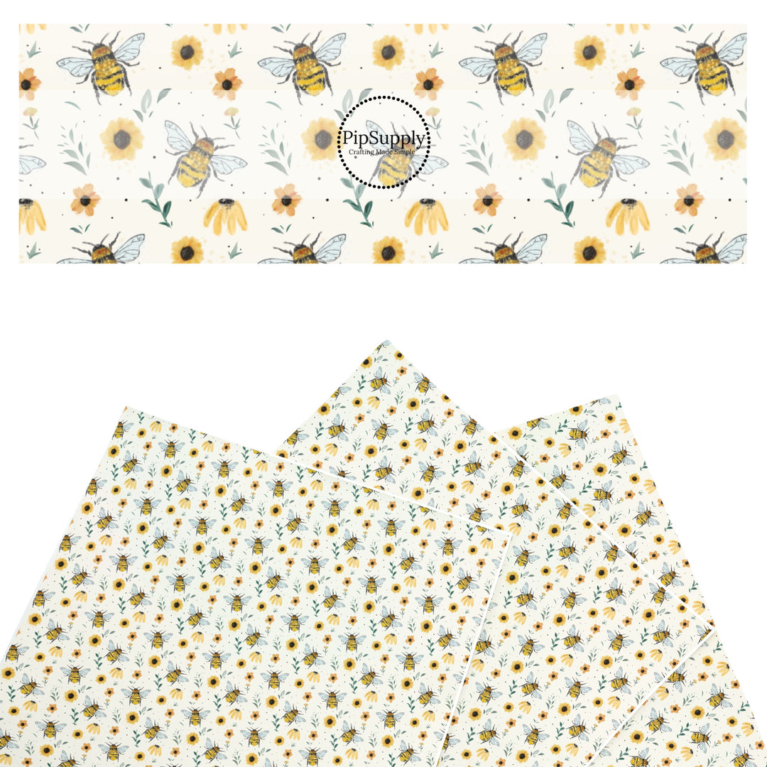 These floral themed faux leather sheets contain the following design elements: sunflowers and bees. Our CPSIA compliant faux leather sheets or rolls can be used for all types of crafting projects.