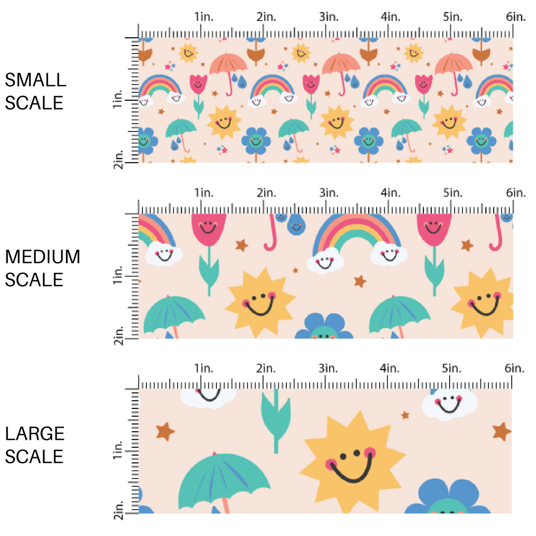 Smiley Face Flowers, Suns, Rainbows, Raindrops and Umbrellas on Cream Fabric by the Yard scaled image guide.