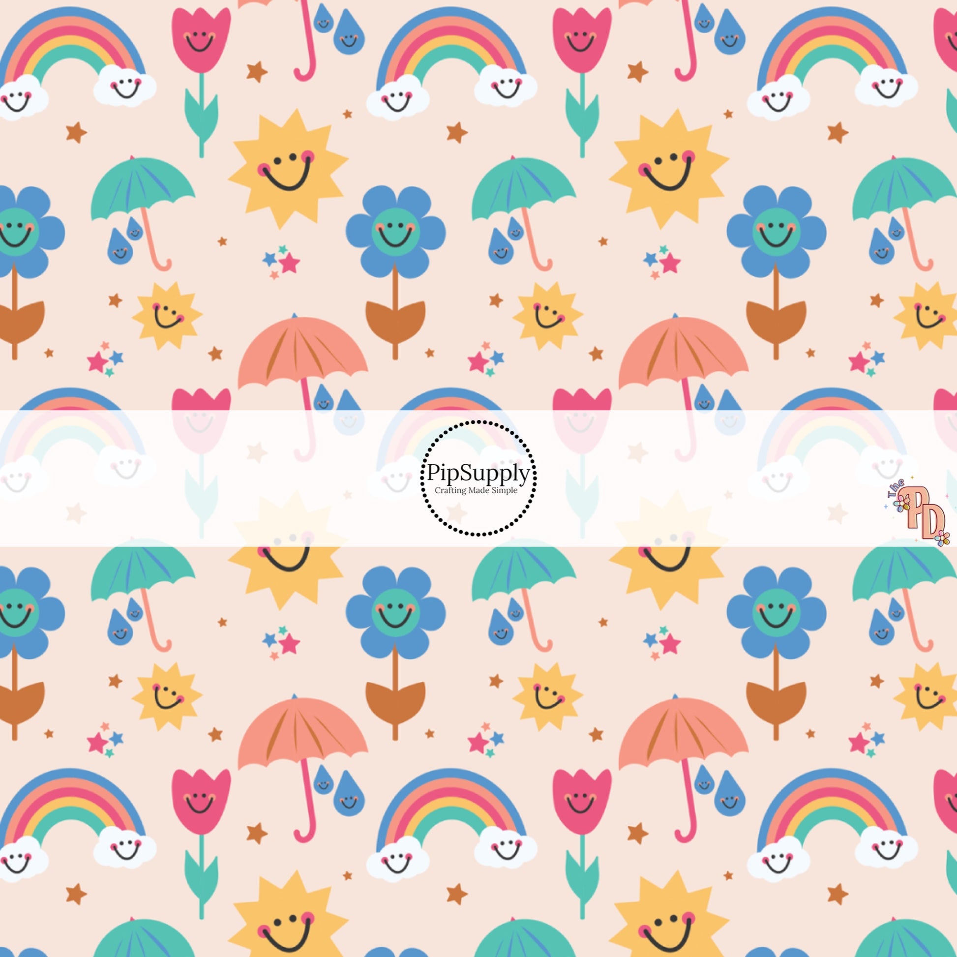 Smiley Face Flowers, Suns, Rainbows, Raindrops and Umbrellas on Cream Fabric by the Yard.