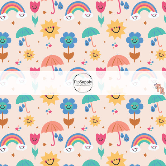 Smiley Face Flowers, Suns, Rainbows, Raindrops and Umbrellas on Cream Fabric by the Yard.