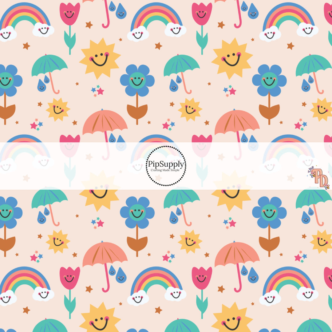 Smiley Face Flowers, Suns, Rainbows, Raindrops and Umbrellas on Cream Fabric by the Yard.