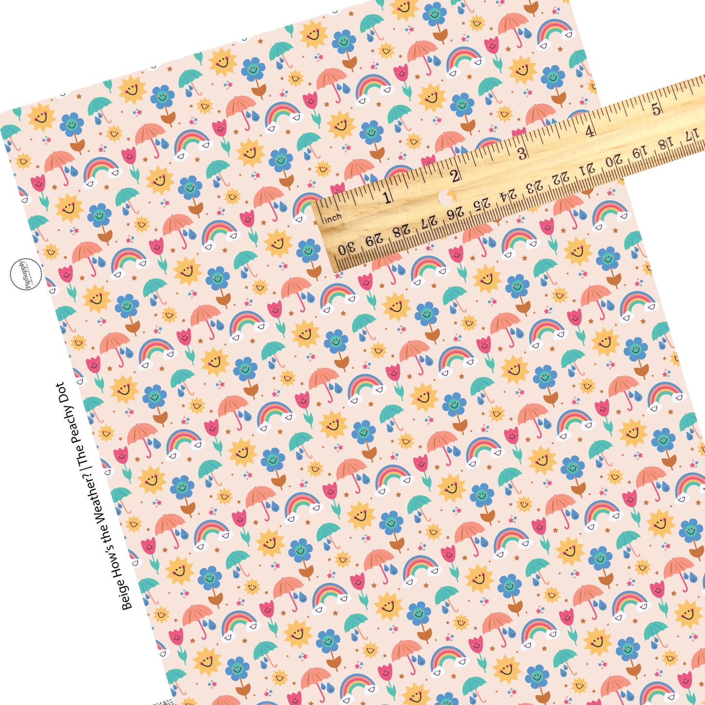 These spring floral pattern themed faux leather sheets contain the following design elements: colorful flowers, rainbows, suns, umbrellas, and smiley faces on cream. Our CPSIA compliant faux leather sheets or rolls can be used for all types of crafting projects.