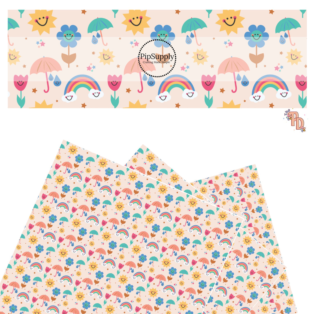 These spring floral pattern themed faux leather sheets contain the following design elements: colorful flowers, rainbows, suns, umbrellas, and smiley faces on cream. Our CPSIA compliant faux leather sheets or rolls can be used for all types of crafting projects.