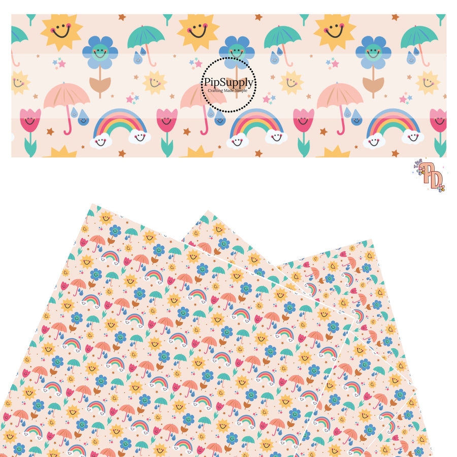 These spring floral pattern themed faux leather sheets contain the following design elements: colorful flowers, rainbows, suns, umbrellas, and smiley faces on cream. Our CPSIA compliant faux leather sheets or rolls can be used for all types of crafting projects.