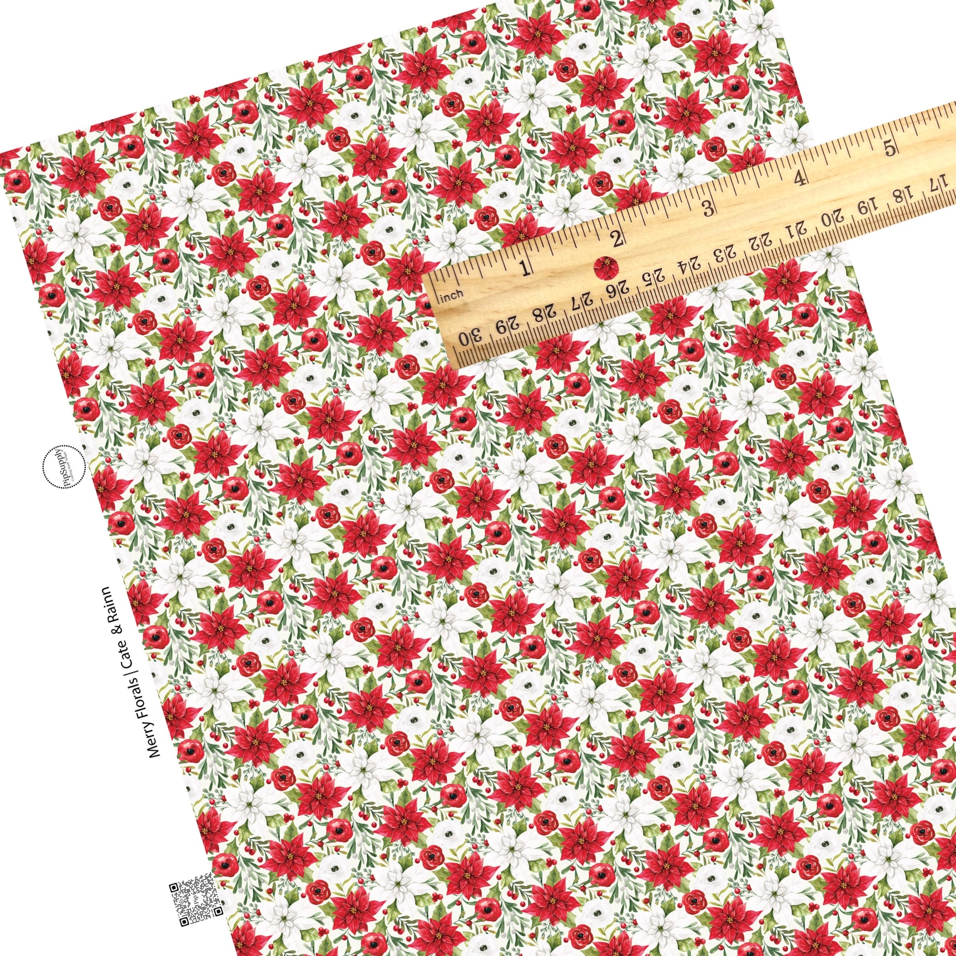 Berries with red and white flowers on white faux leather sheet