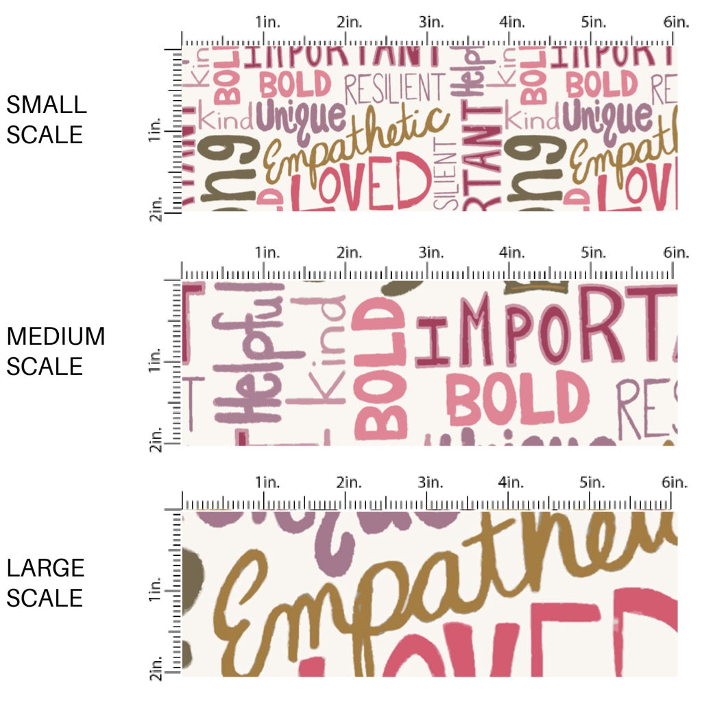 This scale chart of small scale, medium scale, and large scale of these school themed fabric by the yard features colorful affirmation sayings on cream. This fun themed fabric can be used for all your sewing and crafting needs!