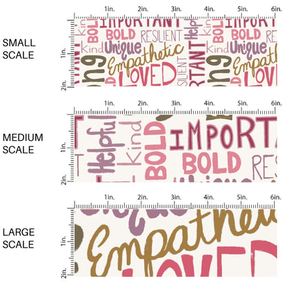 This scale chart of small scale, medium scale, and large scale of these school themed fabric by the yard features colorful affirmation sayings on cream. This fun themed fabric can be used for all your sewing and crafting needs!