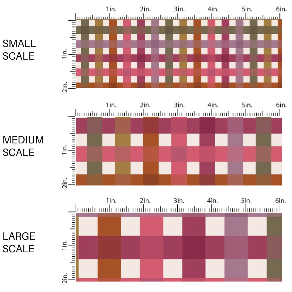 This scale chart of small scale, medium scale, and large scale of these school themed fabric by the yard features colorful gingham pattern on cream. This fun themed fabric can be used for all your sewing and crafting needs!