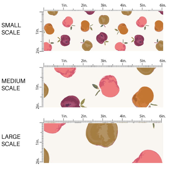 This scale chart of small scale, medium scale, and large scale of these school themed fabric by the yard features colorful apples on cream. This fun themed fabric can be used for all your sewing and crafting needs!