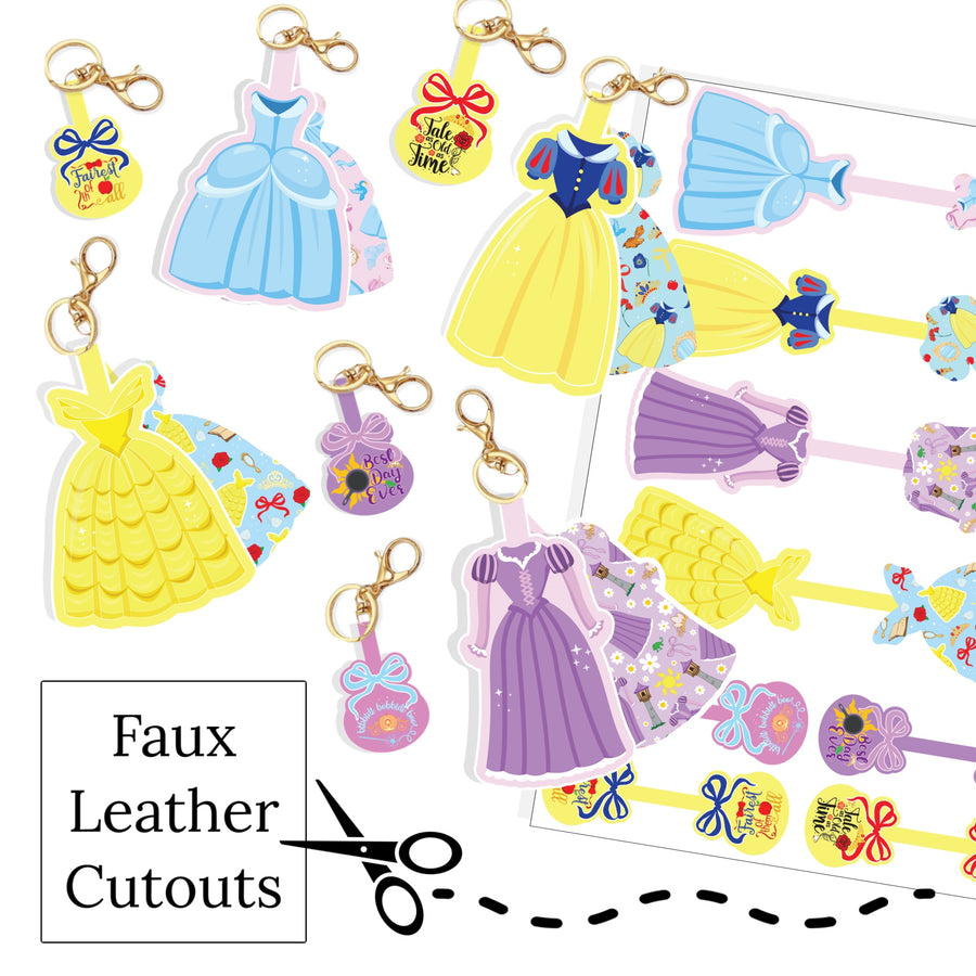 These princess dresses themed faux leather sheets are ready to cut and assemble for many craft projects. These patterned cutouts can be used to make fold over keychains, photo props, scrapbooks, party or classroom decorations, bulletin board trim or anything creative!