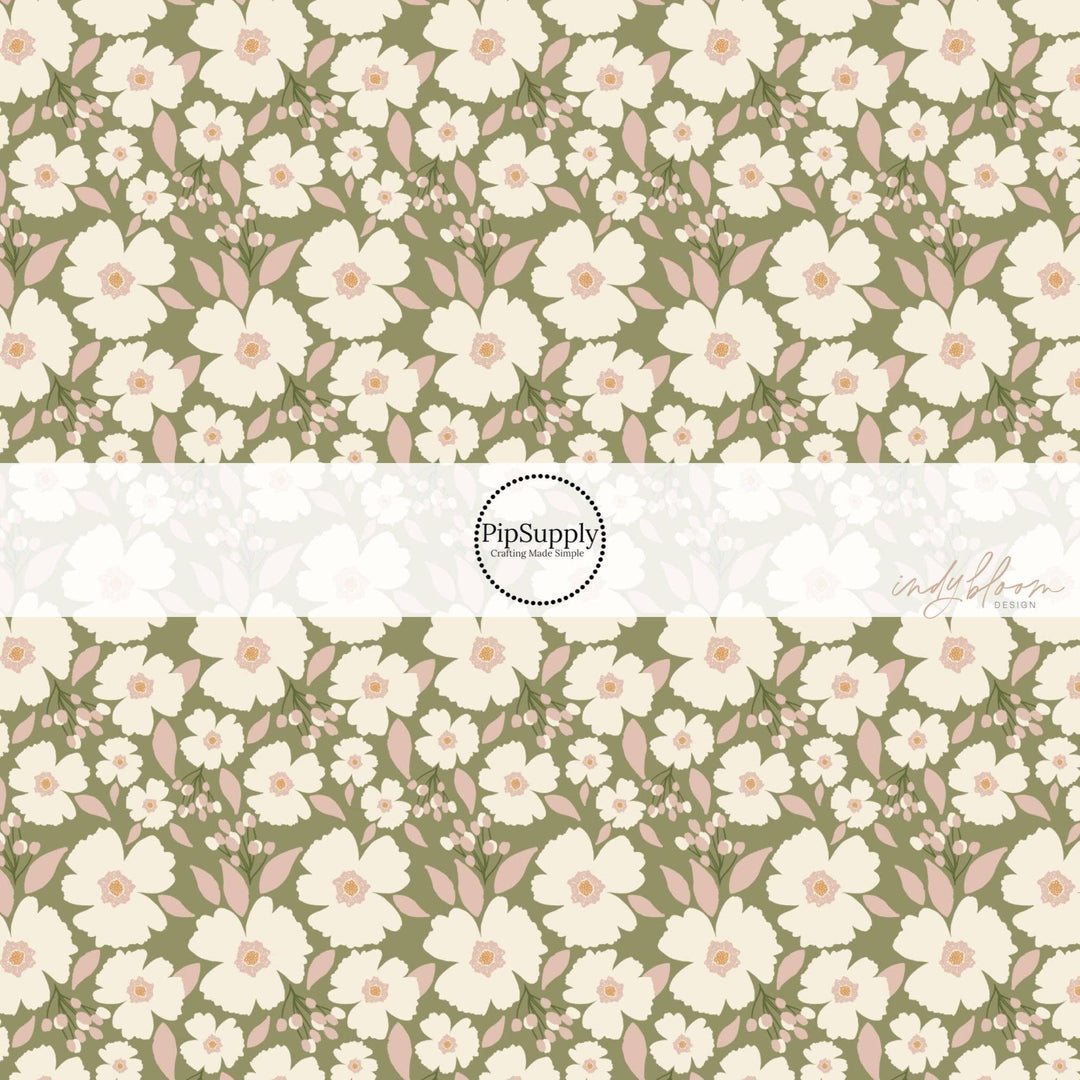 Cream Blooms on Hazel Green Hair Bow Strips