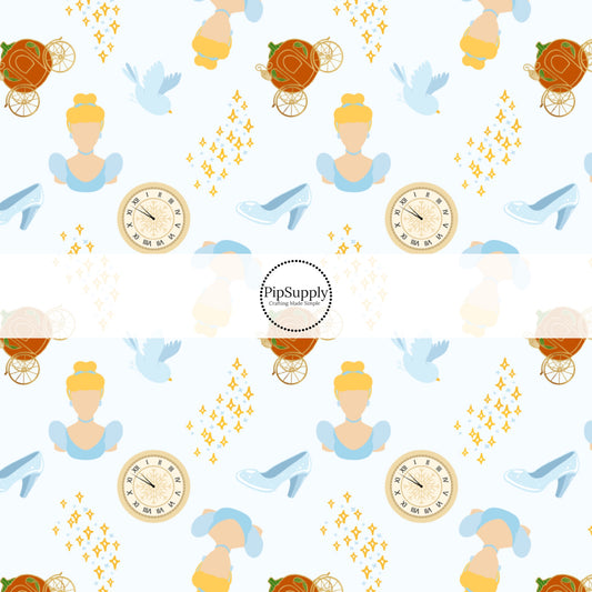 This magical adventure inspired fabric by the yard features the following design: princess, carriage, and clocks on light blue. This fun themed fabric can be used for all your sewing and crafting needs!