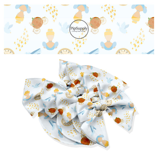 These magical adventure inspired themed no sew bow strips can be easily tied and attached to a clip for a finished hair bow. These fun themed patterned bow strips are great for personal use or to sell. These bow strips feature the following princess, carriage, and clocks on light blue.