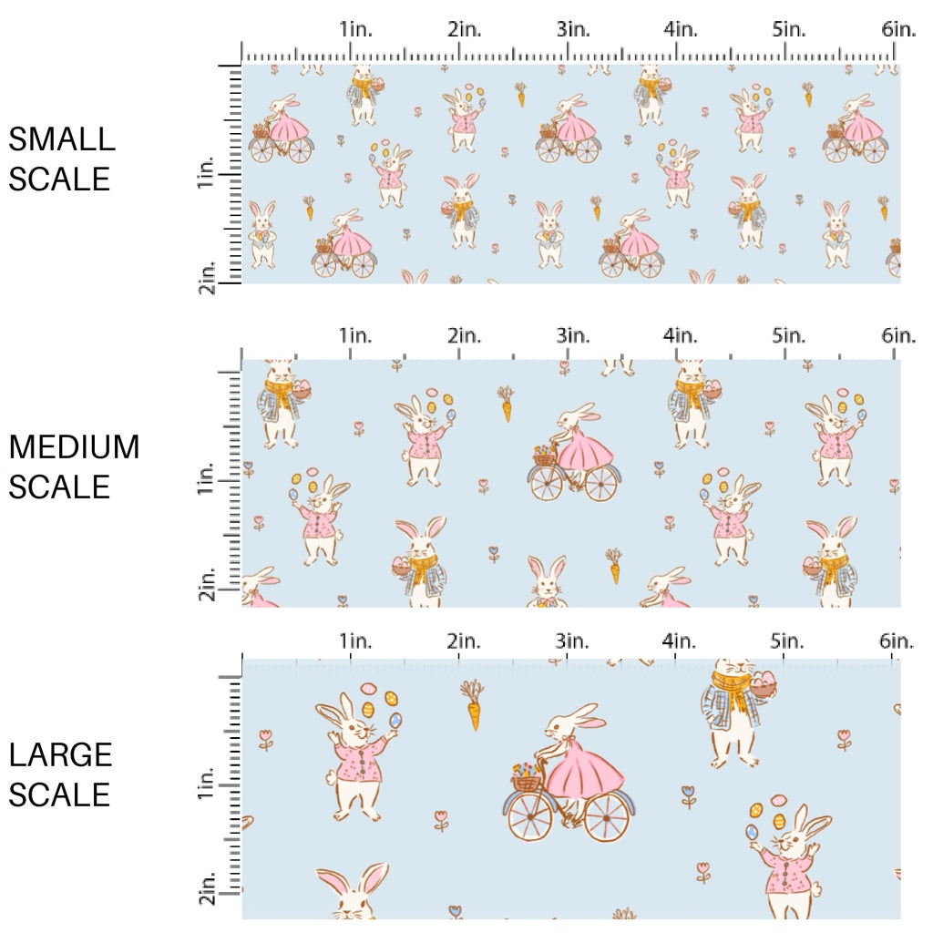 This Easter themed fabric by the yard features talented bunnies on bicycles on blue. This fun pattern fabric can be used for all your sewing and crafting needs!