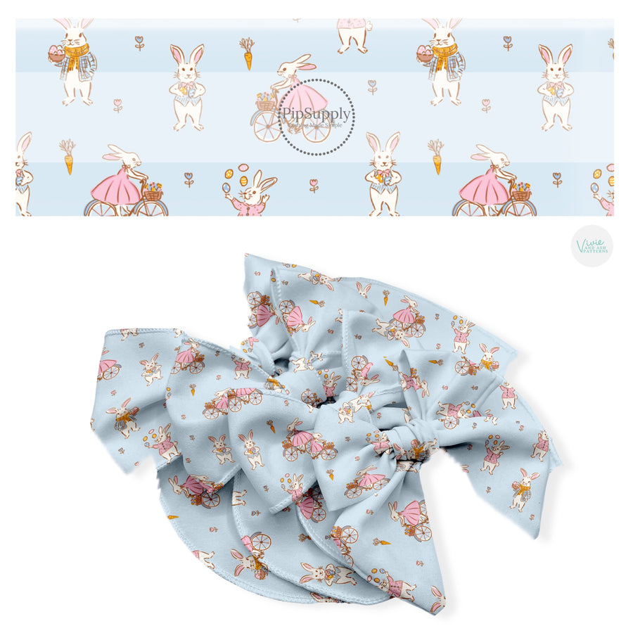 These Easter no sew bow strips can be easily tied and attached to a clip for a finished hair bow. These fun bow strips are great for personal use or to sell. These bow strips feature the following design elements: talented bunnies on bicycles on blue.