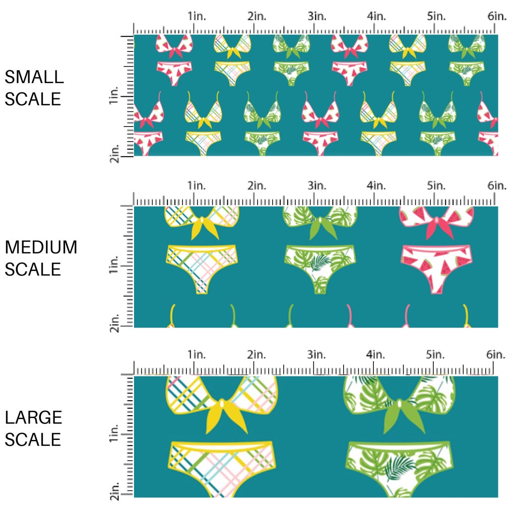 This scale chart of small scale, medium scale, and large scale of this summer fabric by the yard features swimsuits on teal. This fun themed fabric can be used for all your sewing and crafting needs!