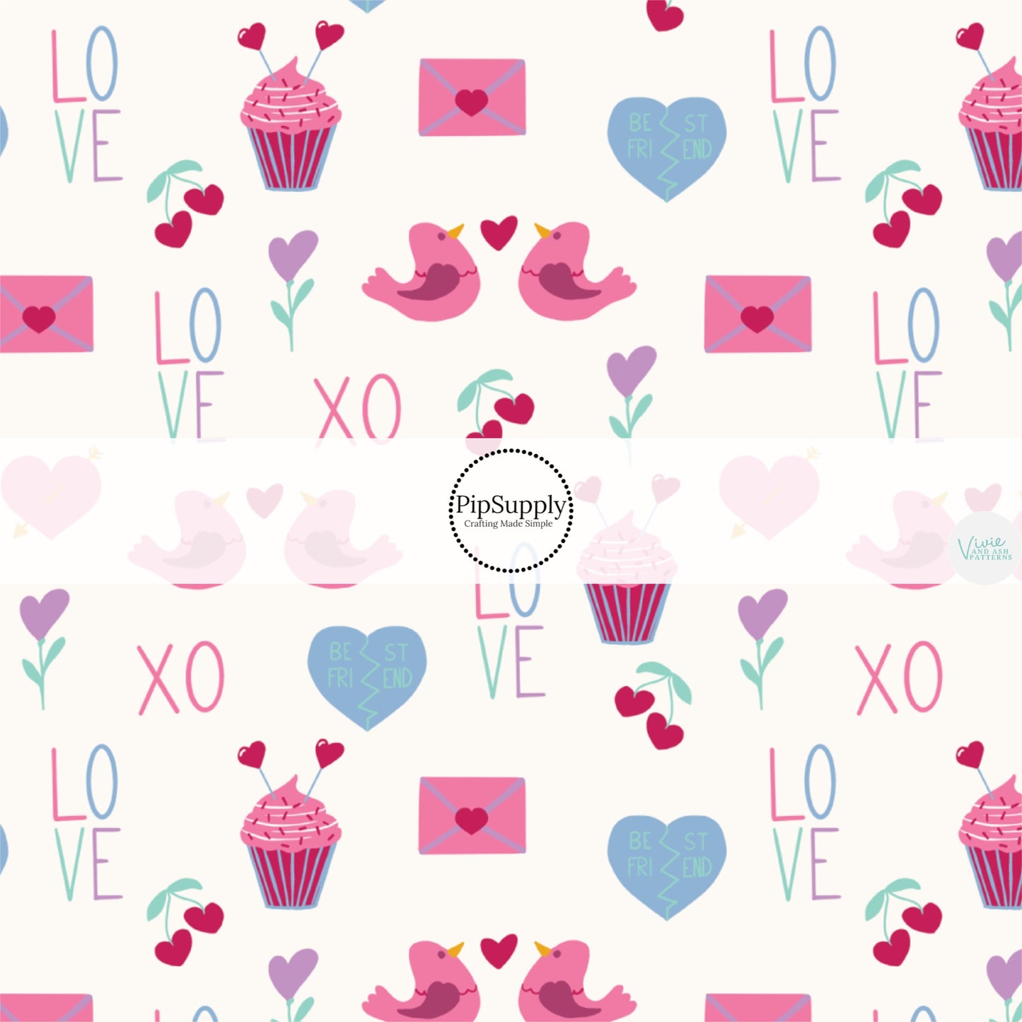 Love and xoxo sayings, pink love birds, cucakes, heart flowers, cherries, pink letters, and best friend heart on cream hair bow strips