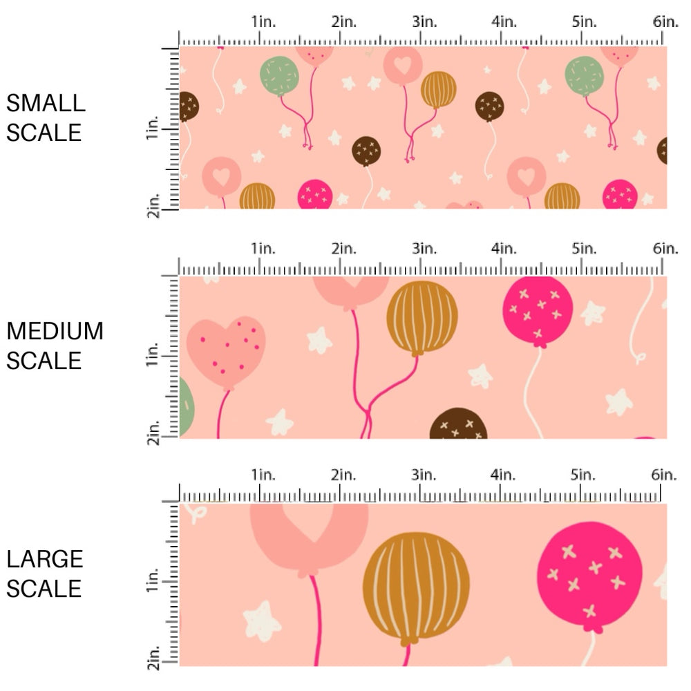 This scale chart of small scale, medium scale, and large scale of this celebration fabric by the yard features colorful balloons on pink. This fun birthday themed fabric can be used for all your sewing and crafting needs!