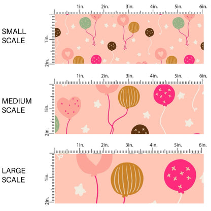 This scale chart of small scale, medium scale, and large scale of this celebration fabric by the yard features colorful balloons on pink. This fun birthday themed fabric can be used for all your sewing and crafting needs!