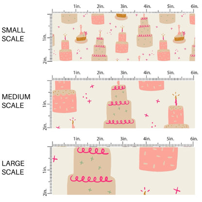 This scale chart of small scale, medium scale, and large scale of this celebration fabric by the yard features pink and cream birthday cakes and cake slices on cream. This fun birthday themed fabric can be used for all your sewing and crafting needs!