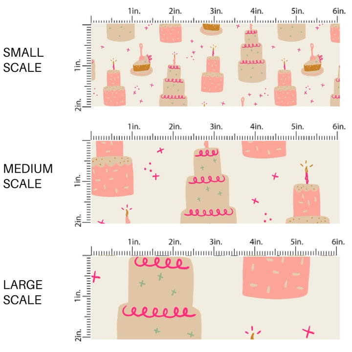 This scale chart of small scale, medium scale, and large scale of this celebration fabric by the yard features pink and cream birthday cakes and cake slices on cream. This fun birthday themed fabric can be used for all your sewing and crafting needs!