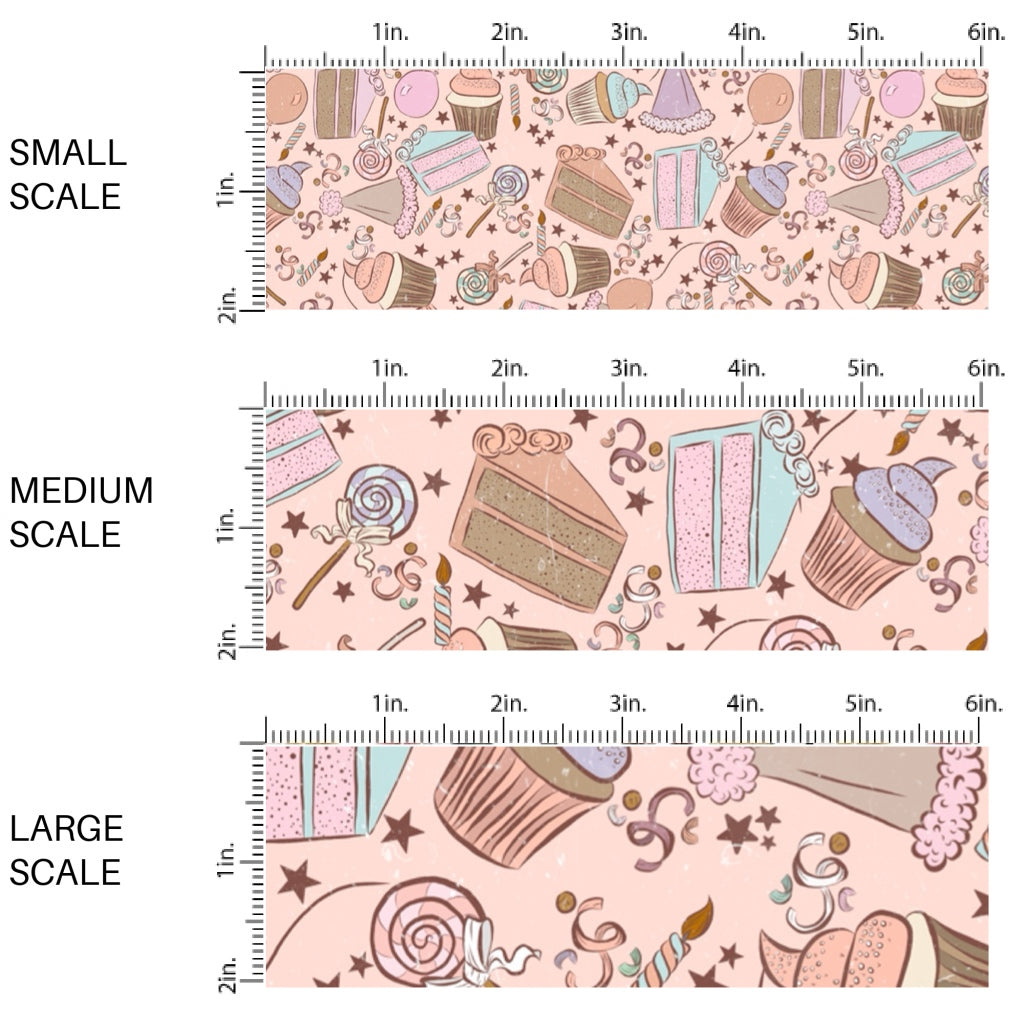 This scale chart of small scale, medium scale, and large scale of this celebration fabric by the yard features birthday cake, balloons, and candy on light pink. This fun themed fabric can be used for all your sewing and crafting needs!