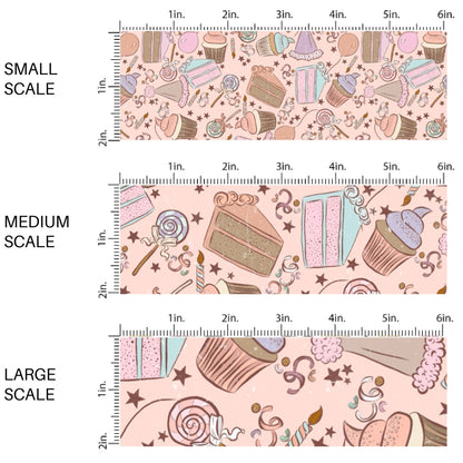 This scale chart of small scale, medium scale, and large scale of this celebration fabric by the yard features birthday cake, balloons, and candy on light pink. This fun themed fabric can be used for all your sewing and crafting needs!