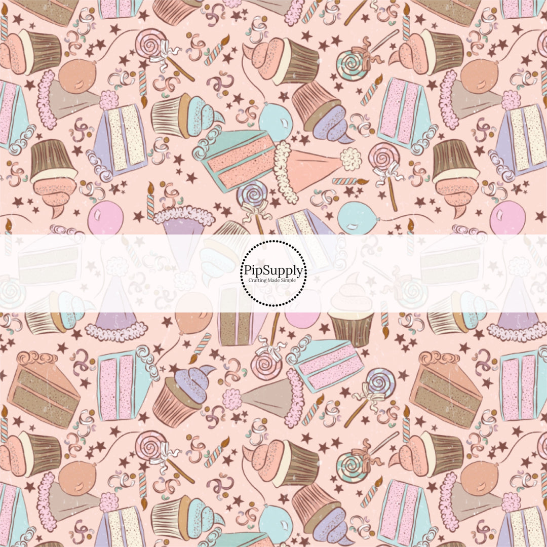 This celebration fabric by the yard features birthday cake, balloons, and candy on light pink. This fun themed fabric can be used for all your sewing and crafting needs!