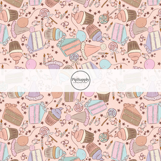 This celebration fabric by the yard features birthday cake, balloons, and candy on light pink. This fun themed fabric can be used for all your sewing and crafting needs!