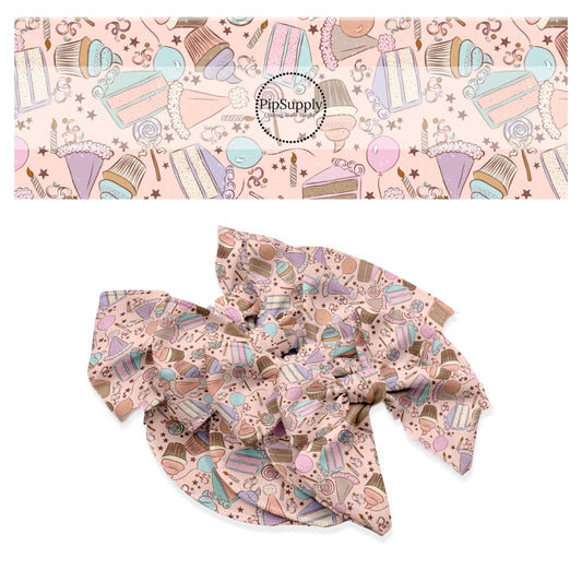 These celebration themed no sew bow strips can be easily tied and attached to a clip for a finished hair bow. These patterned bow strips are great for personal use or to sell. These bow strips feature birthday cake, balloons, and candy on light pink.