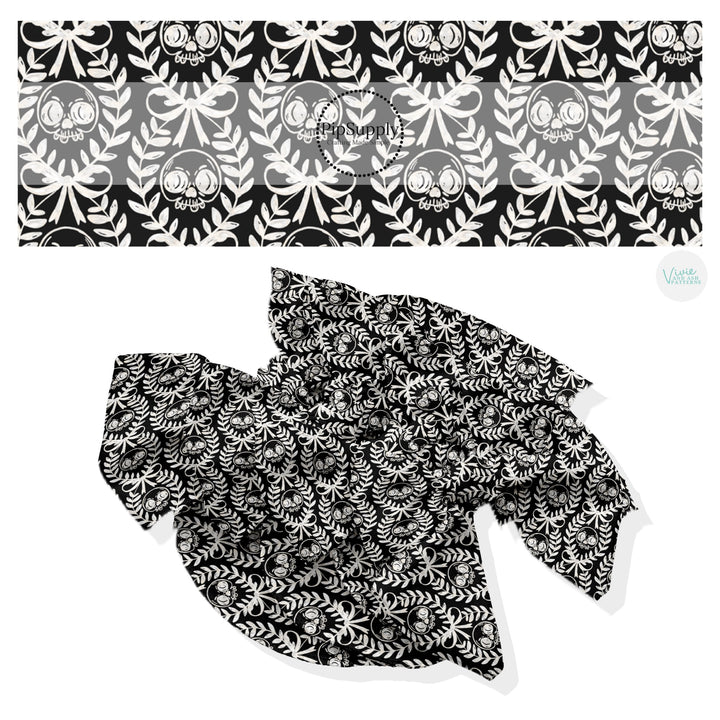 These Halloween themed no sew bow strips can be easily tied and attached to a clip for a finished hair bow. These fun spooky patterned bow strips are great for personal use or to sell. These bow strips feature the following design elements: laurel leaf pattern with skulls on black.