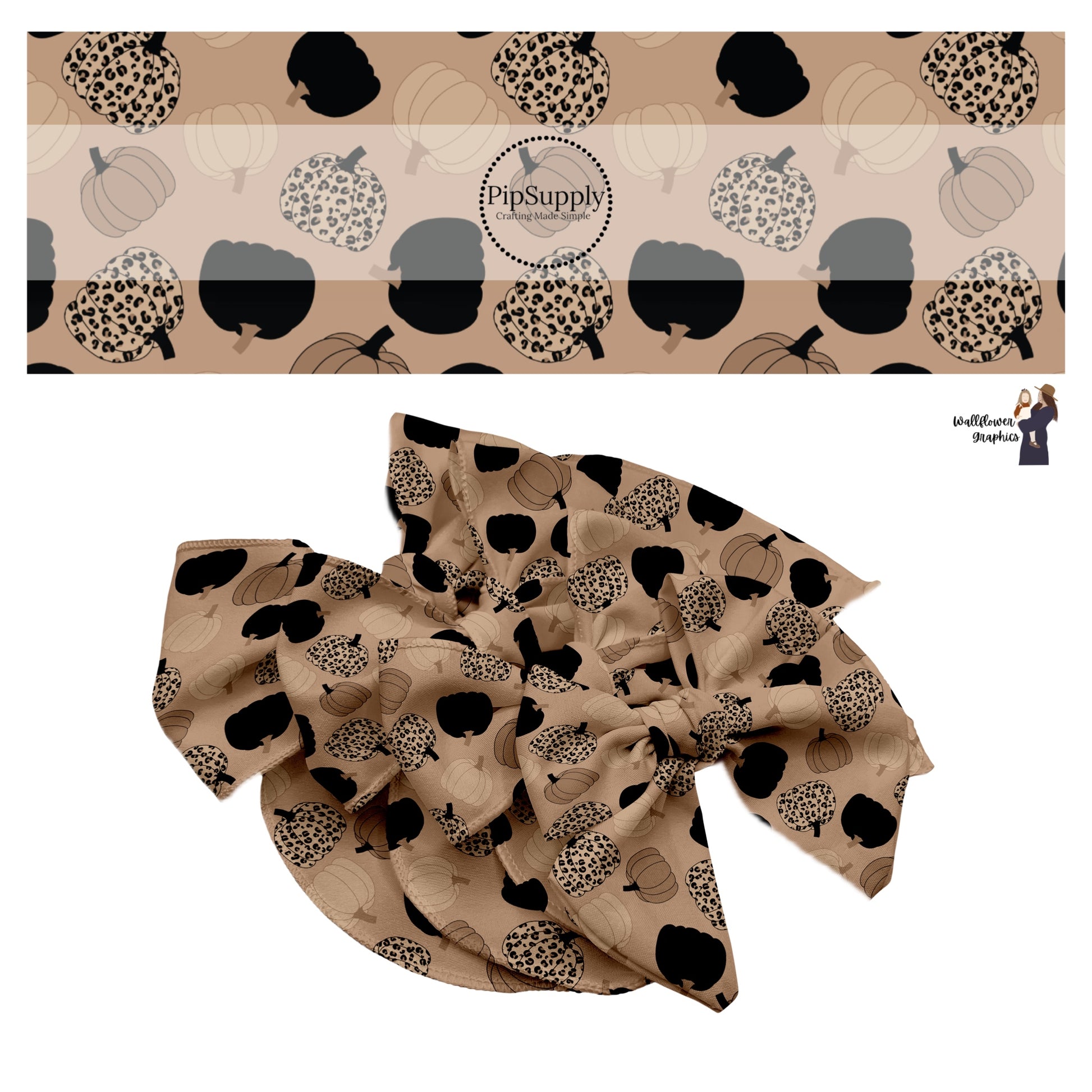 Black, brown, and light brown pumpkins with leopard spots on brown hair bow strips