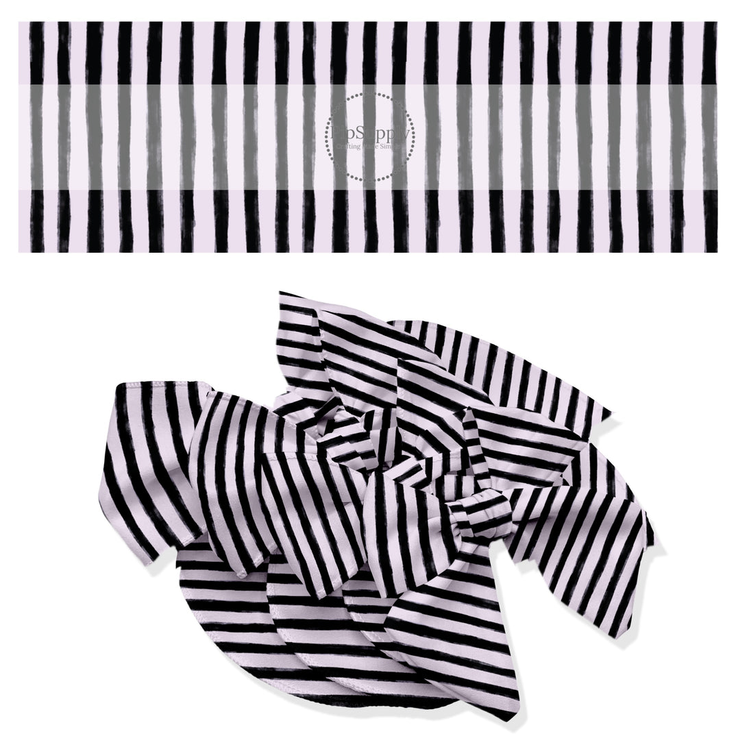 These stripe themed no sew bow strips can be easily tied and attached to a clip for a finished hair bow. These fun patterned bow strips are great for personal use or to sell. These bow strips feature the following design elements: black and lilac Halloween stripes.