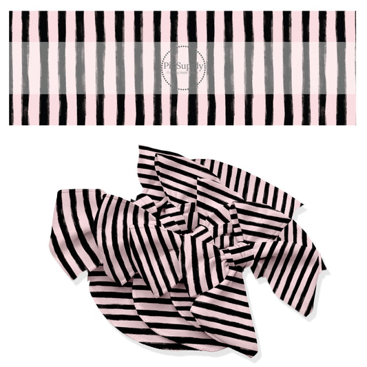 These stripe themed no sew bow strips can be easily tied and attached to a clip for a finished hair bow. These fun patterned bow strips are great for personal use or to sell. These bow strips feature the following design elements: black and pink Halloween stripes.