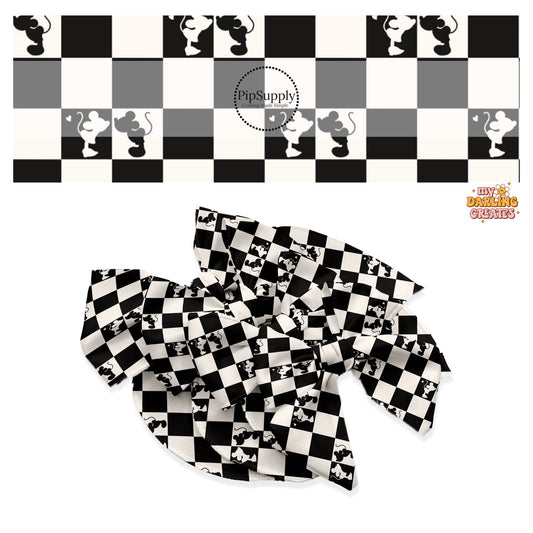 Mouse kisses on black and cream checkered hair bow strips