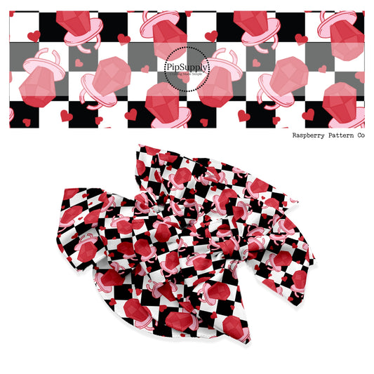 Red ring pops with hearts on black and white checkered hair bow strips