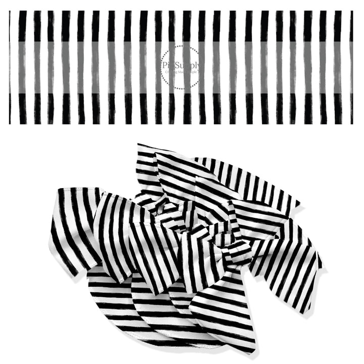 These stripe themed no sew bow strips can be easily tied and attached to a clip for a finished hair bow. These fun patterned bow strips are great for personal use or to sell. These bow strips feature the following design elements: black and white Halloween stripes.