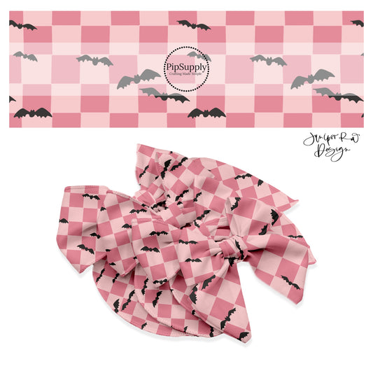 Light pink and dark pink checker with bats hair bow strips